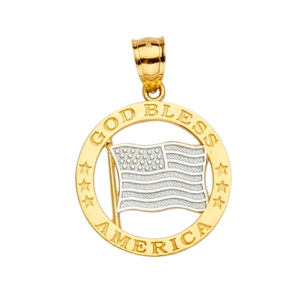 14K Two Tone "God Bless America" Flag Pendant
